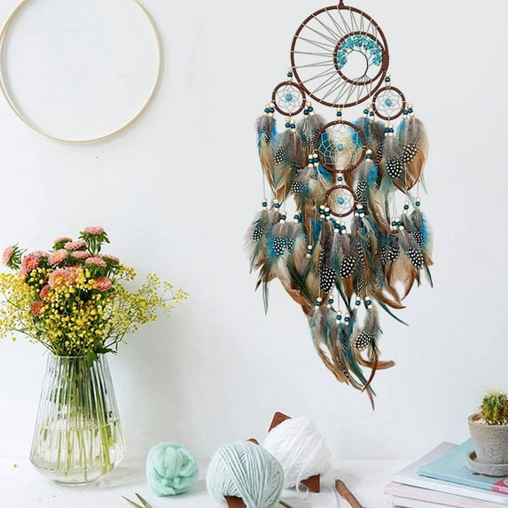 Large Dream Catcher Wall Hanging Decor with Tree of Life Design, Colorful Feathers and Wind Chimes, Boho Room Office Home Decor
