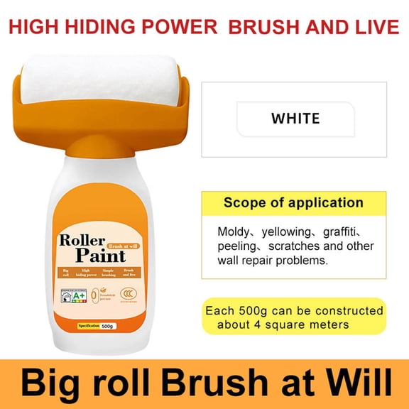 Large Drum Wall Paint 500ml Water Based Odorless White, 2 In 1 Roller Brush Repair Coating for Household, Easy Apply Touch Up Paint for Graffiti Shoe Print Coverage Interior Wall Maintenance