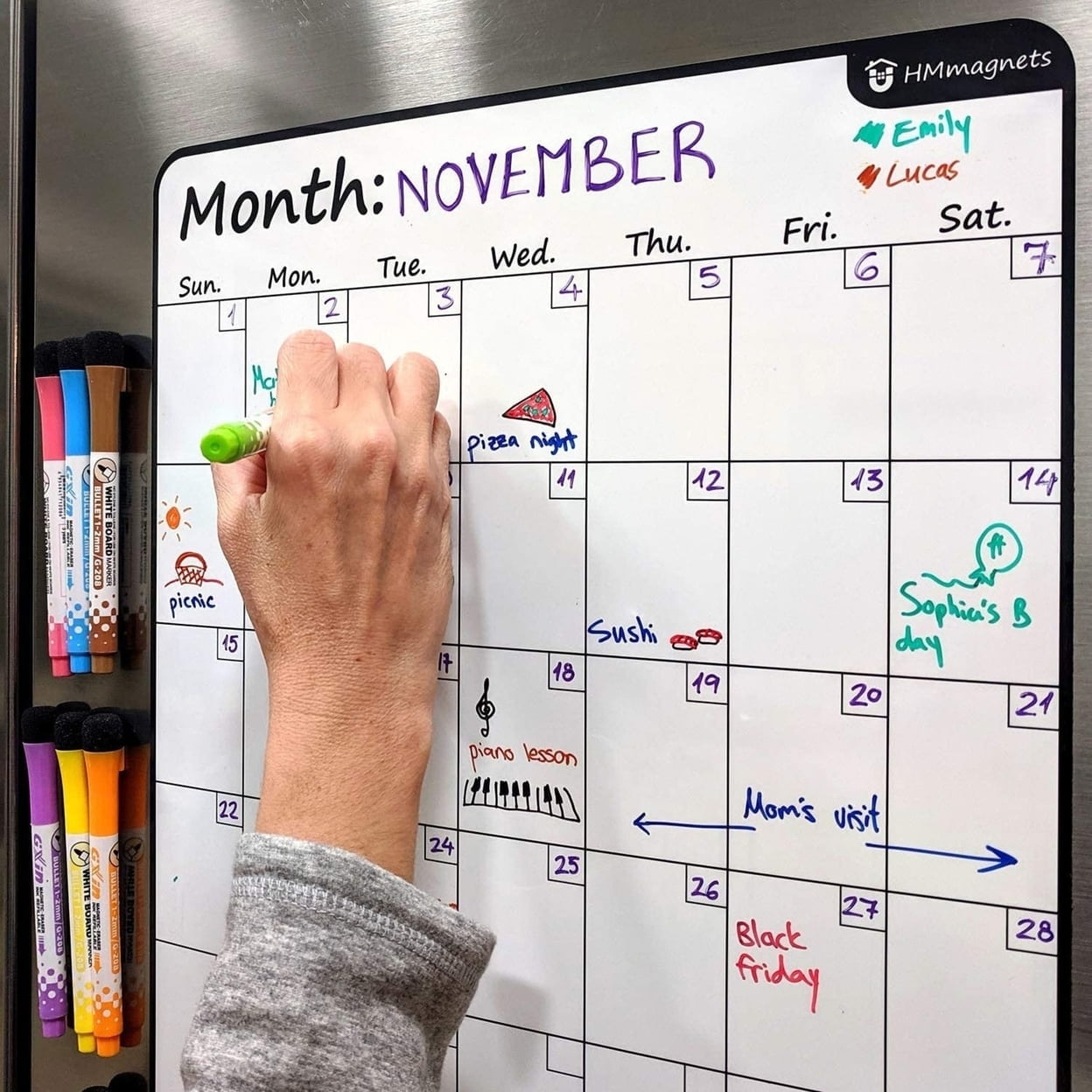 Large Dry-Erase Magnetic Monthly Calendar + Free Bonus: 3 Grocery/to-Do List Whiteboards (Organizer/Planner) for Kitchen Fridge - Full Set: 8 Markers + Eraser | Stain Free | Vertical