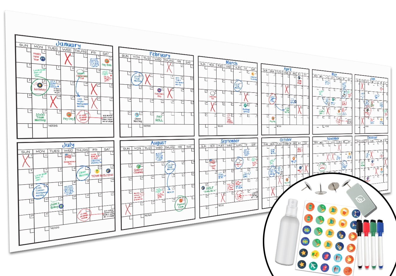 Large Dry Erase Wall Calendar - 36" x 96" - Undated Blank 2022 Reusable Yearly Calendar - Giant Whiteboard Year Poster - Laminated Office Jumbo 12 Month Calendar