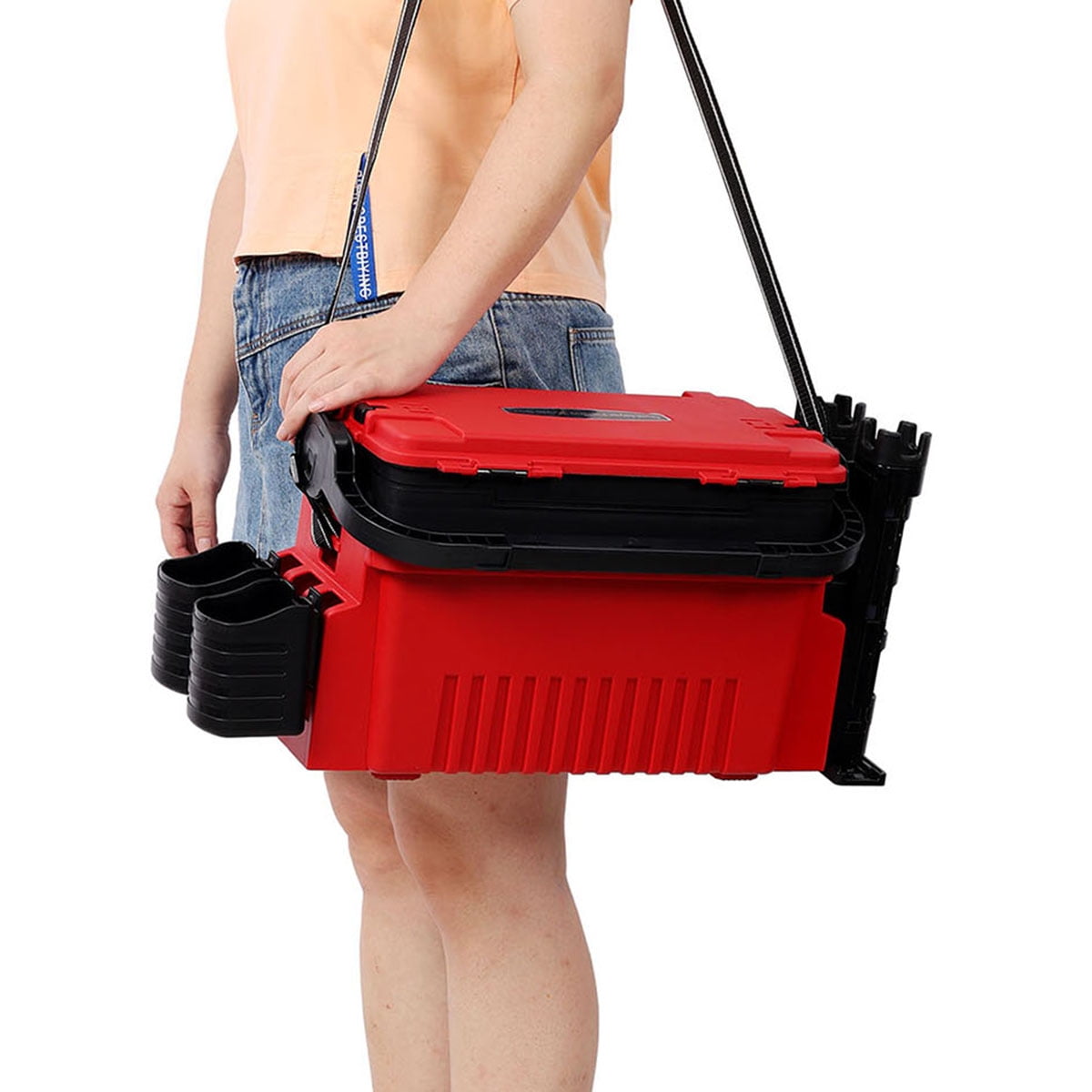 Large Dual-Layer Fishing Tackle Box Organizer With 2 Rod Holders And Cup Holders For Outdoor Fishing Adventures