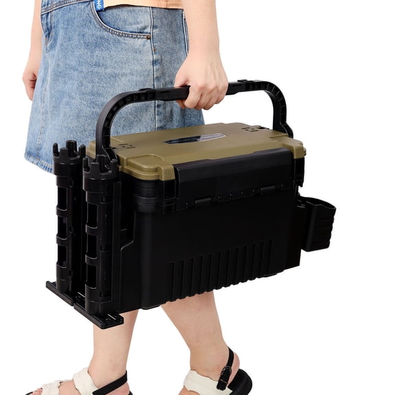 Large Dual-Layer Fishing Tackle Box Organizer With 2 Rod Holders And Cup Holders For Outdoor Fishing Adventures