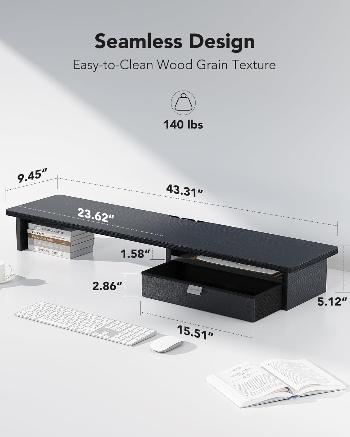 Large Dual Monitor Stand with Drawer - Wood Grain Riser for 2 Monitors up to 55", Storage & Cable Management, Ergonomic Desktop Organizer for Home Office