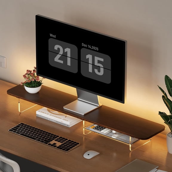 Large Dual Monitor Stand For Desk,43 Inch Desktop Computer Riser with Felt Drawer Acrylic Legs Desk Shelf Organizer For Computer/Laptop/PC/Printer/TV