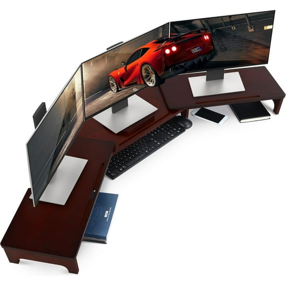 Large Dual Monitor Stand Riser, 60 inch Bamboo Monitor Stand with Adjustable Length and Angle, 3 Shelves Desktop Screen Riser for Computer Laptop PC, Walnut