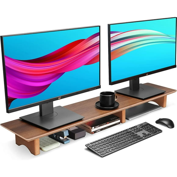 Large Dual Monitor Stand Riser, Solid Wood Desk Shelf with Eco Cork Legs for Laptop Computer/TV/PC/Printers, Perfect Desktop Stands Organizer with Underneath Storage for Office Accessories