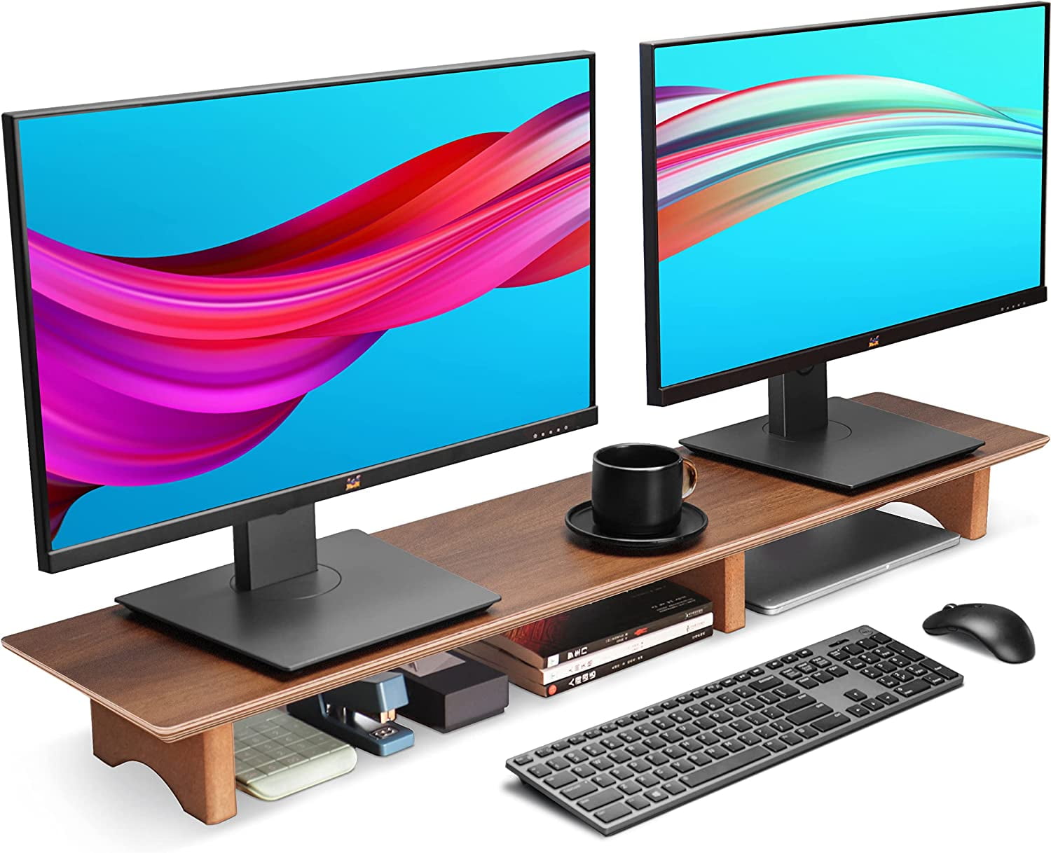 Large Dual Monitor Stand Riser, Solid Wood Desk Shelf with Eco Cork ...