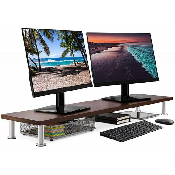 Large Dual Monitor Stand for Computer Screens Solid Bamboo Supports - Brown