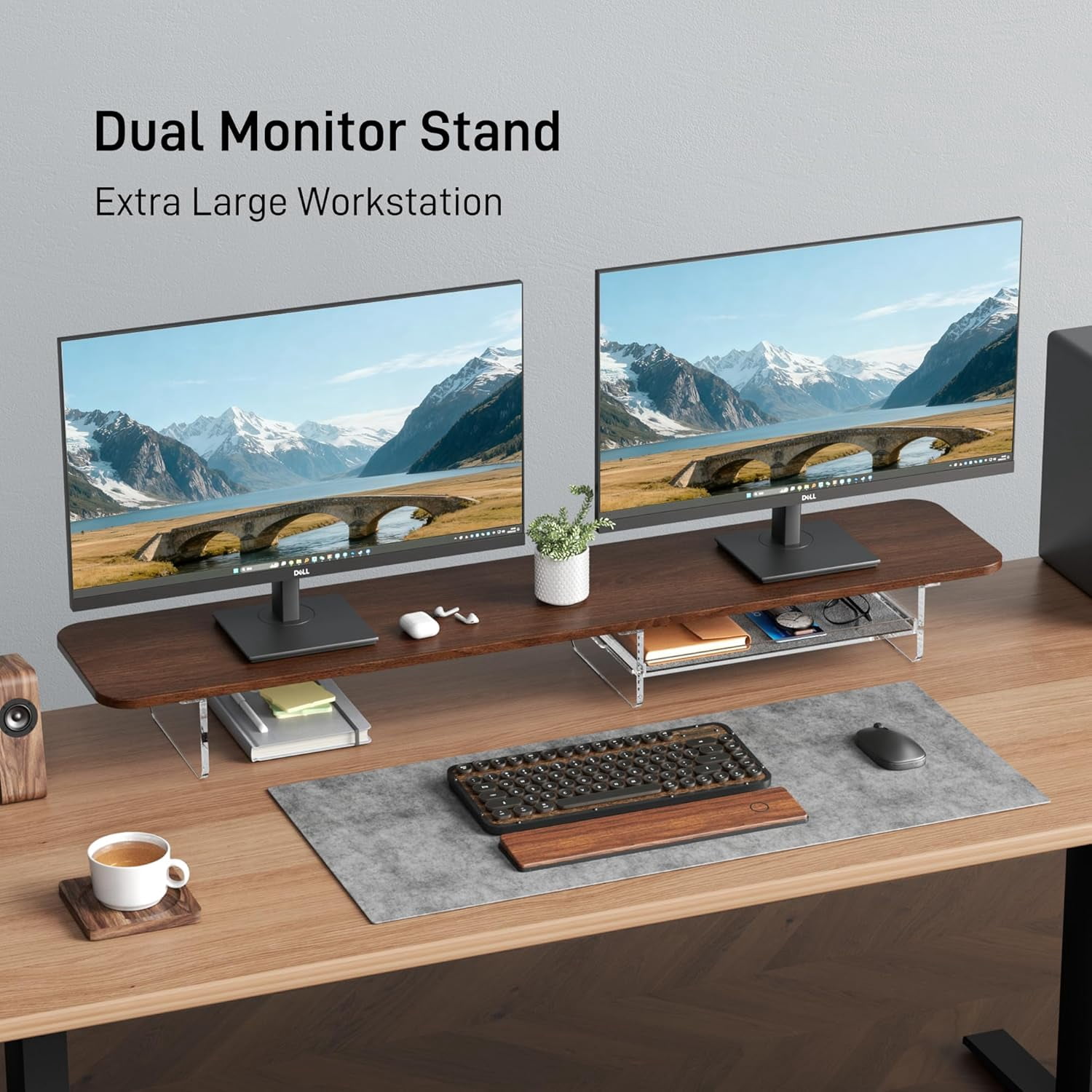 Large Dual Monitor Stand for Desk, 43 Inch Computer Riser with Felt Drawer and Acrylic Legs, Ergonomic Desktop Organizer for Laptop Printer TV