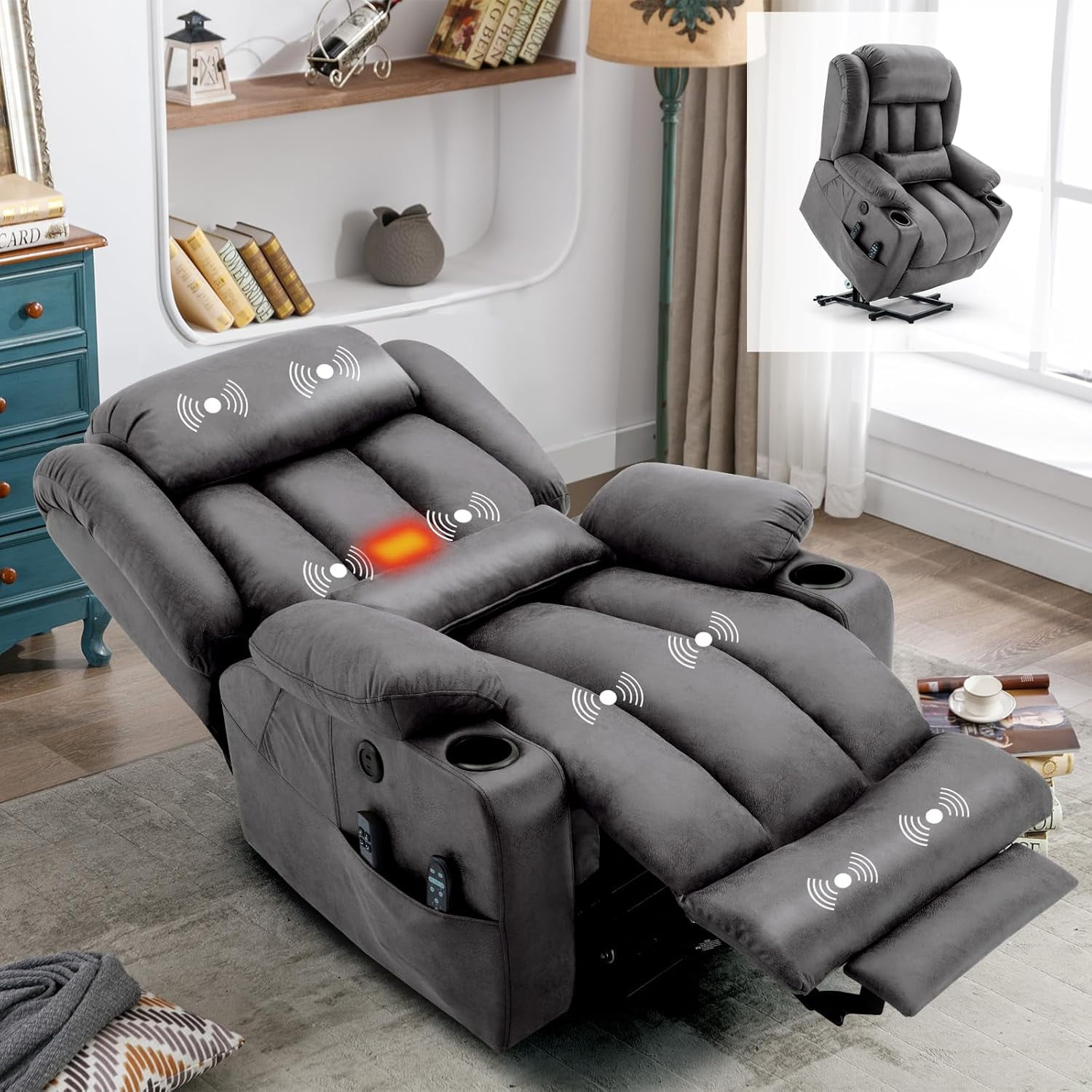 Large Dual Motor Lay Flat Power Lift Recliner Chair with Extended Footrest, Heat Massage, Oversized Electric Recliner for Big Tall Elderly, Lumbar Pillow, USB & Type-C Ports, Gray