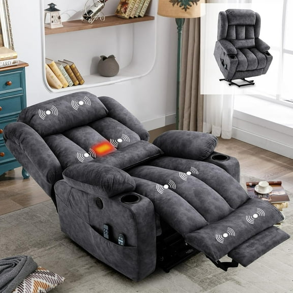 Large Dual Motor Lay Flat Power Lift Recliner Chair with Extended Footrest, Heat Massage, Oversized Electric Recliner for Big Tall Elderly, Lumbar Pillow, USB & Type-C Ports, Plush Gray