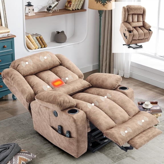 Large Dual Motor Lay Flat Power Lift Recliner Chair with Extended Footrest, Heat Massage, Oversized Electric Recliner for Big Tall Elderly, Lumbar Pillow, USB & Type-C Ports, Plush Brown