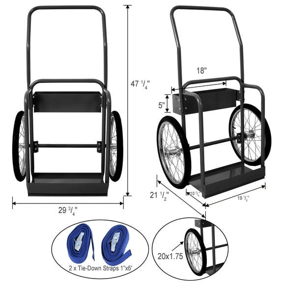 Large Dual Oxygen Tank Cart Dolly Double Cylinder Cart, 20" pneumatic Wheels Includes two fastening belts ,black,