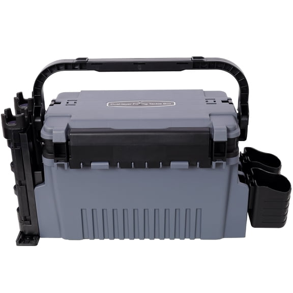 Large Dual-layer Fishing Tackle Box Organizer with 2 Rod Holders and 2 Cup Holders, Portable Plastic Tackle Box for Hiking and Lake Trips, Gray