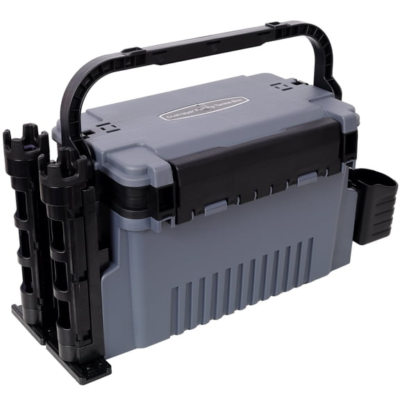 Large Dual-layer Fishing Tackle Box Organizer with Rod Holders, Cup Holders and Carrying Strap for Anglers, Plastic, Gray