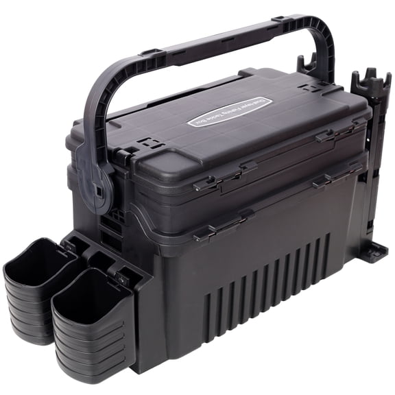 Large Dual-layer Fishing Tackle Box with Rod Holders, Portable Tackle Box Organizer for Hiking and Lake Trips, Black Plastic 11L Storage