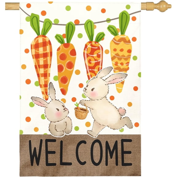 Large Easter Garden Flag 28x40 Inch Double Sided Welcome Bunny and Carrot Yard Flags Spring Outdoor Porch Decorations Farmhouse Easter Bunny House Banners for Lawn Patio Garden and Home Decor