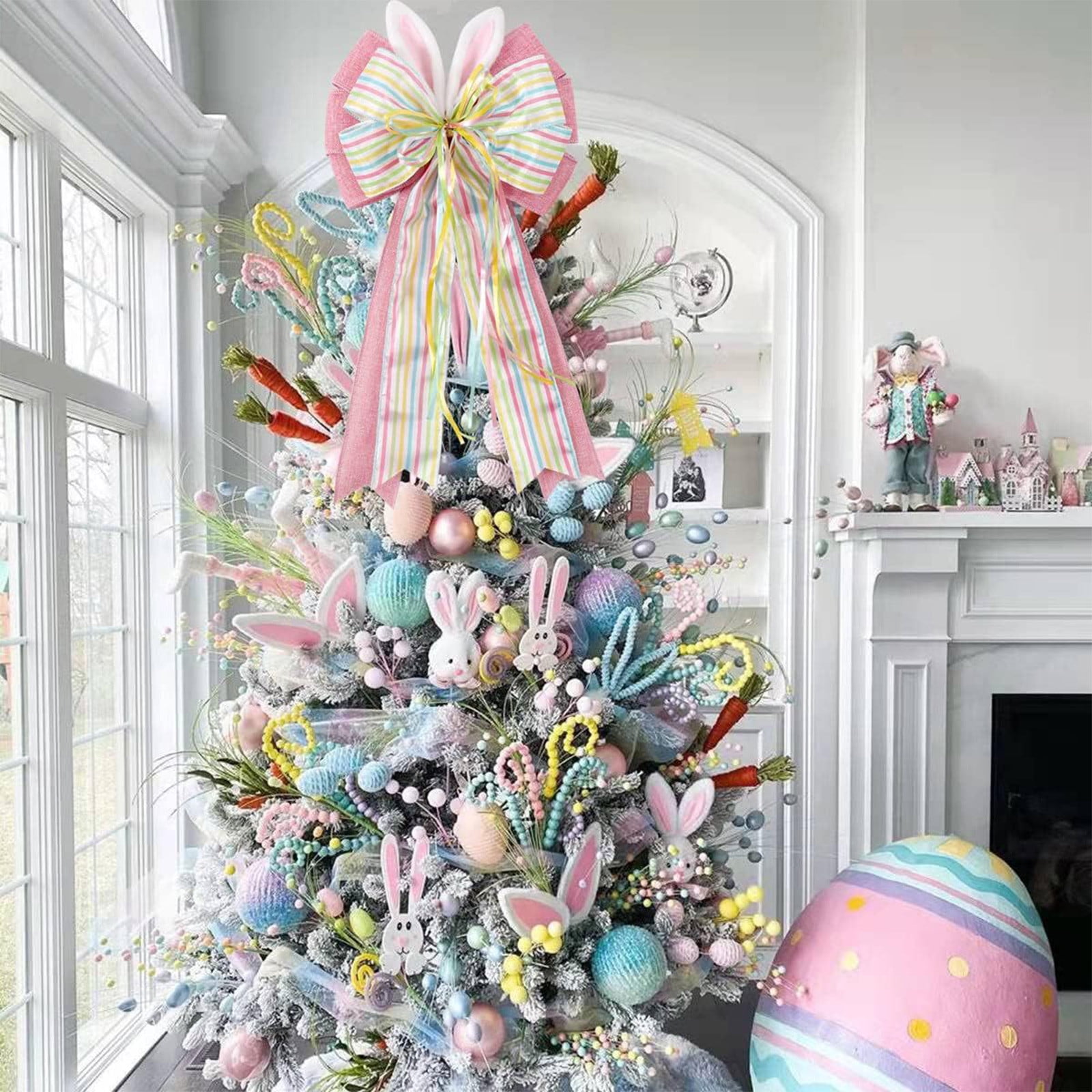 Large Easter Pink Burlap Bow with Bunny Ears, Easter Tree Topper Bow Wreaths Decorations, Easter Spring Outdoor Indoor Home Decoration Party