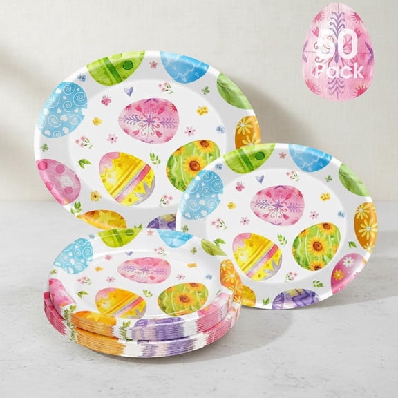Large Easter Plates Set - Watercolor Happy Easter Oval Paper Plates, Disposable Spring Colorful Eggs Oval Dinner Dessert Plate for Easter Party Supplies Table Decorations