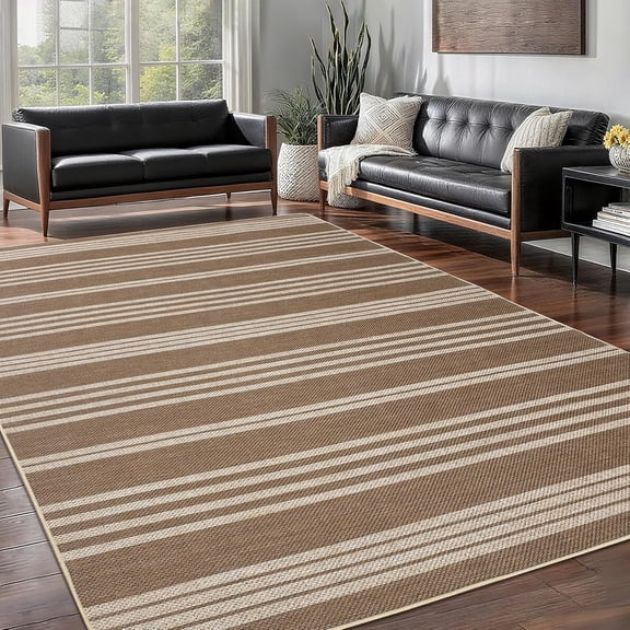 Large Easy Jute Dining Room Rugs 9x12 Modern Striped Bedroom Carpet, Non Slip Non Shed Indoor Outdoor Rug, Foldable Neutral Floor Carpet, Easy Cleaning, for Kitchen, Deck, Garden, Jute Brown