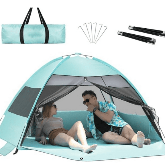 Large Easy Setup Beach Tent,Anti-UV Beach Shade Beach Canopy Tent Sun Shade with Extended Floor & 3 Mesh Roll Up Windows Fits 3-4 Person,Portable Shade Tent for Outdoor Camping Fishing