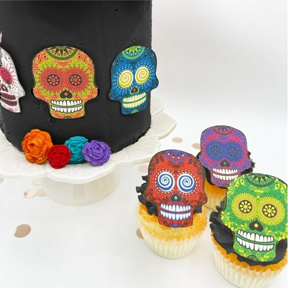 Large Edible Sugar Skulls Assorted Set of 12 - Wafer Cake & Cupcake Toppers - edible sugar skulls for cake decorating - Dia De Los Muertos & Halloween cupcake toppers