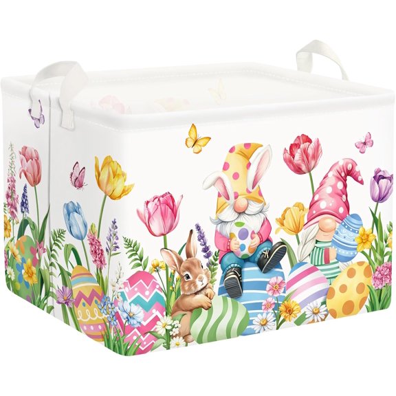 Large Egg Rabbit Easter Basket Stuffers Butterfly Tulips Baby Gift Basket Empty Toy Nursery Bin Collapsible Spring Flower Clothes Storage Organizer for Bedroom,Gnome,40x30x30 cm