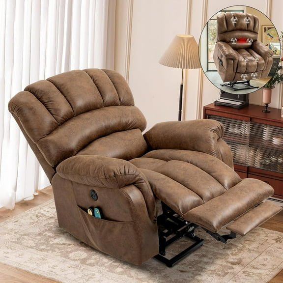 Large Electric Power Lift Chairs Recliners for Elderly Big Man with Massage and Heat, Oversized Wide Reclining Chairs for Living Room with Extended Footrest(Brown)