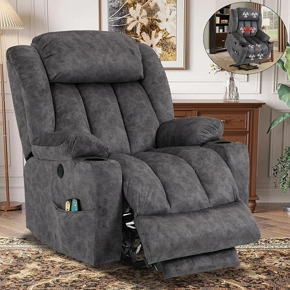 Large Electric Power Lift Recliner Chair with Extended Footrest for Elderly Big, Extra Large and Wide Reclining Sofa for Living Room, Home Theater Seating with Massage and Heat(Plush-Grey)
