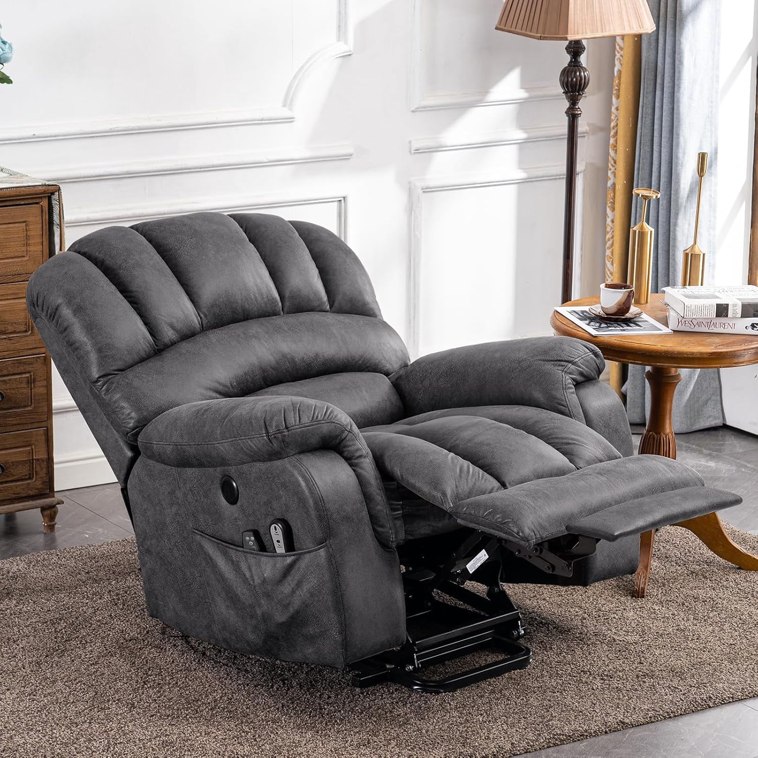 Large Electric Power Lift Recliner Chair with Extended Footrest for Elderly Tall Man, Overstuffed Heated Massage Wide Reclining Sofa with 2 Remote Controls, Side Pockets & USB Ports, Gray