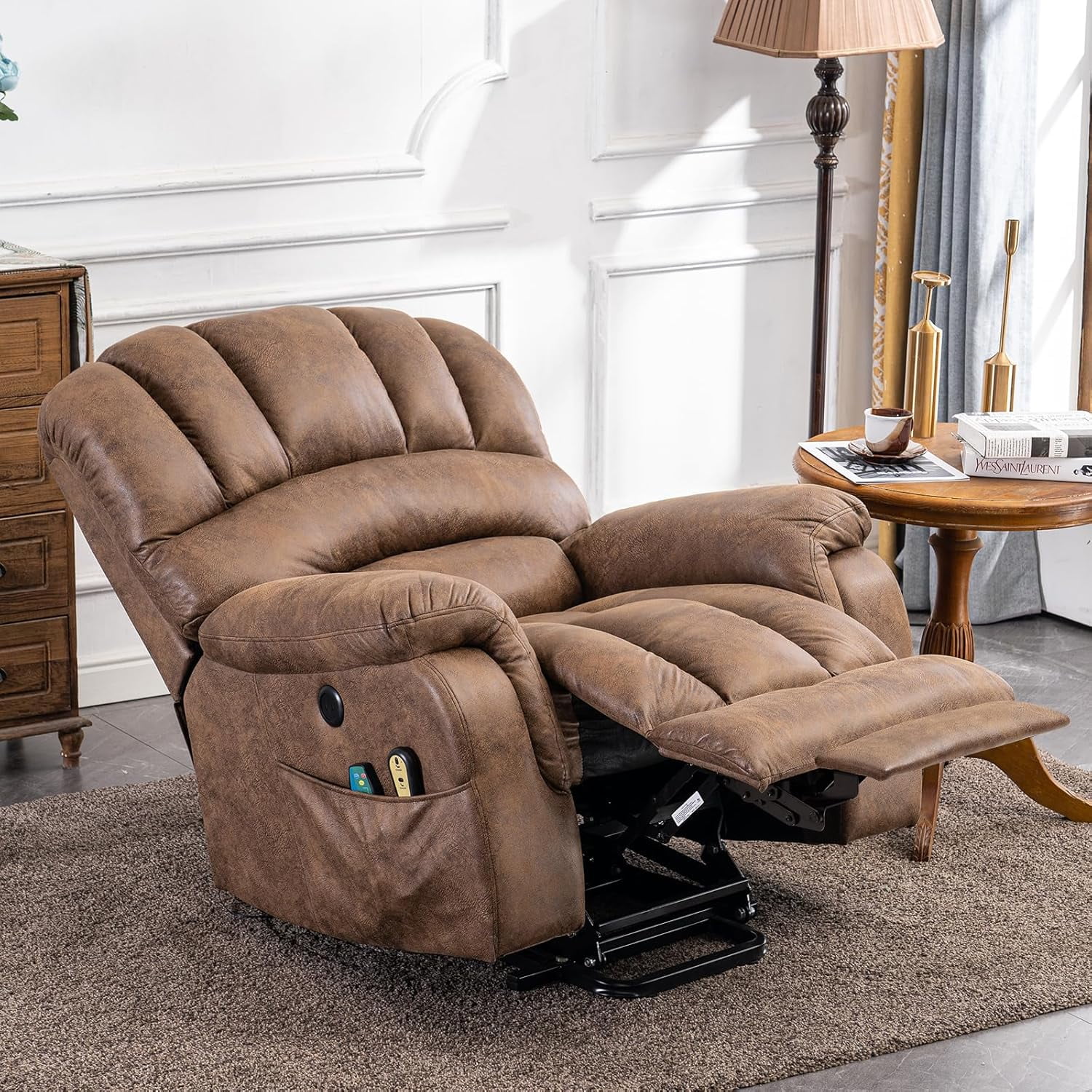 Large Electric Power Lift Recliner Chair with Extended Footrest for Elderly Tall Man, Overstuffed Heated Massage Wide Reclining Sofa with 2 Remote Controls, Side Pockets & USB Ports, Brown