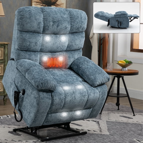 Large Electric Power Lift Recliner Chair with Heat & Massage, Dual Motor Infinite Position (Up to 350 LBS) with Power Remote, Medium-Firm & Heavy Duty (Blue)