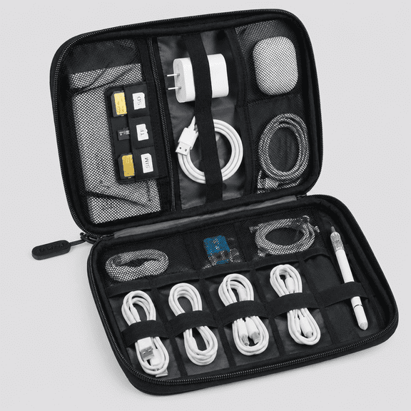 Large Electronics Travel Organizer Case, Tech Accessories Cord Storage Bag for Phone, Power Bank, SD Card, Cables, Black