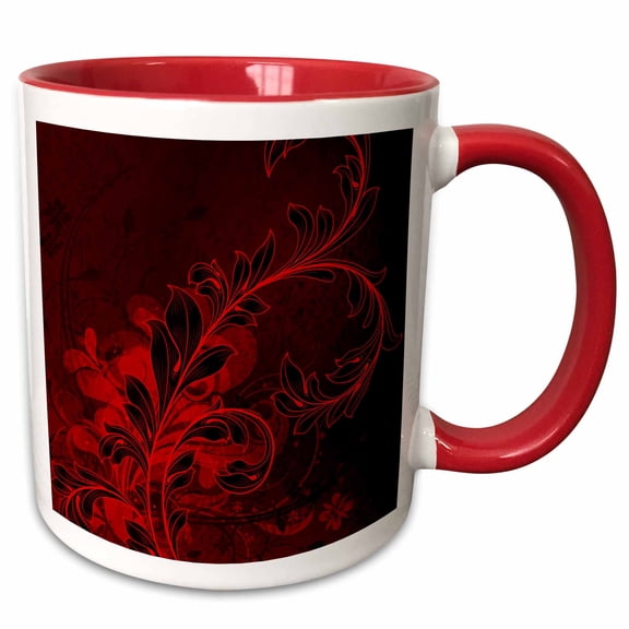 3drose, Large Elegant Red Leafy Flourish Against a Deep Red Damask Pattern, 11oz Two-tone Red Mug