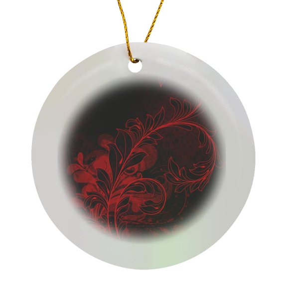 3drose, Large Elegant Red Leafy Flourish Against a Deep Red Damask Pattern, Circle Porcelain Ornament