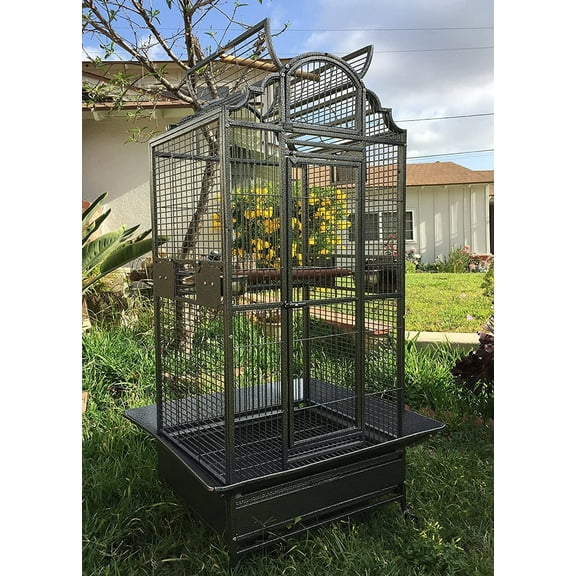 Large Elegant Stylish Wrought Iron Open/Close Play Top Perch Stand Bird Parrot Rolling Cage Include Stainless Steel Feeder Cups Metal Seed Guard Solid Metal Feeder Breeding Nest Doors
