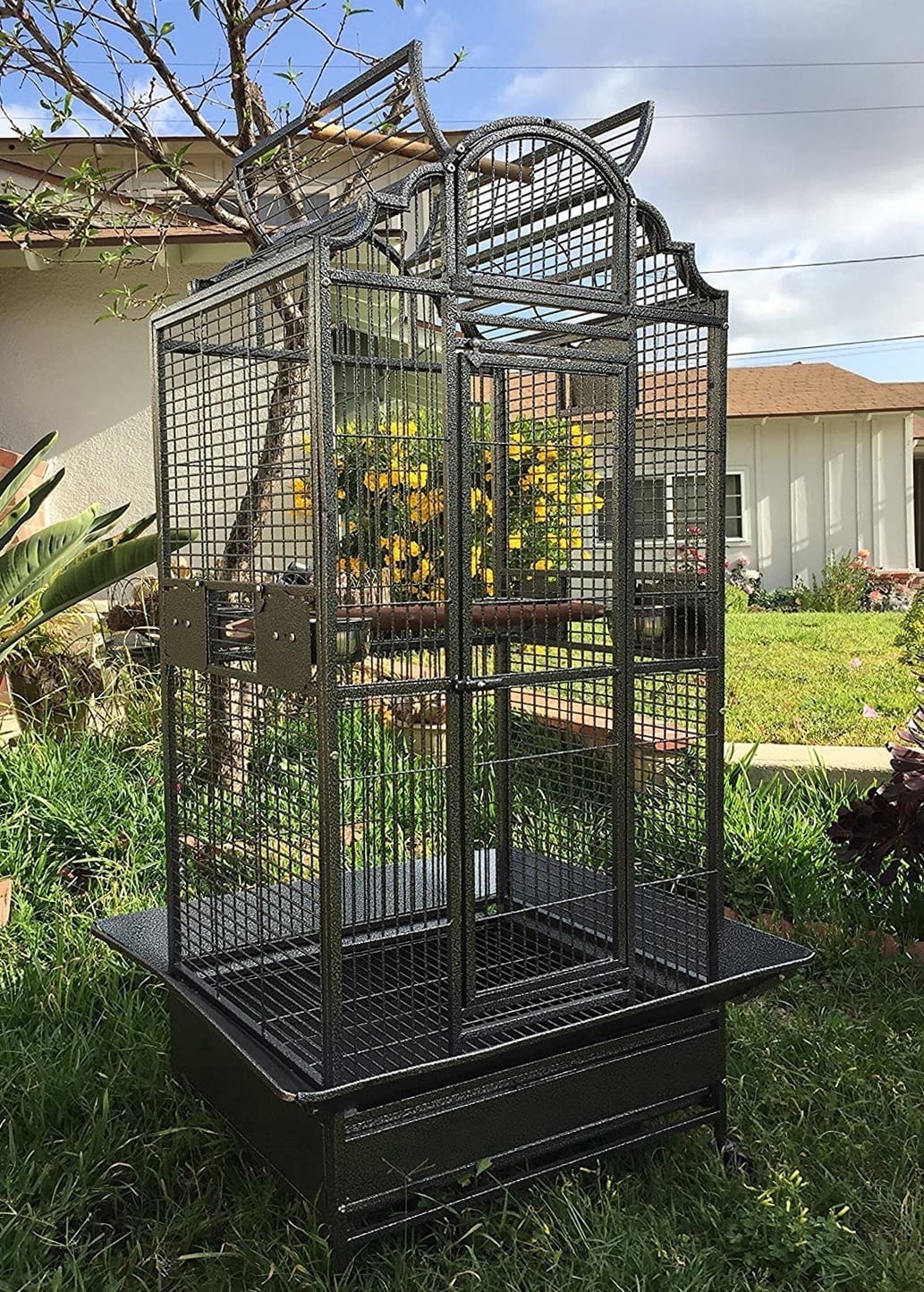 Large Elegant Stylish Wrought Iron Open/Close Play Top Perch Stand Bird Parrot Rolling Cage Include Stainless Steel Feeder Cups Metal Seed Guard Solid Metal Feeder Breeding Nest Doors