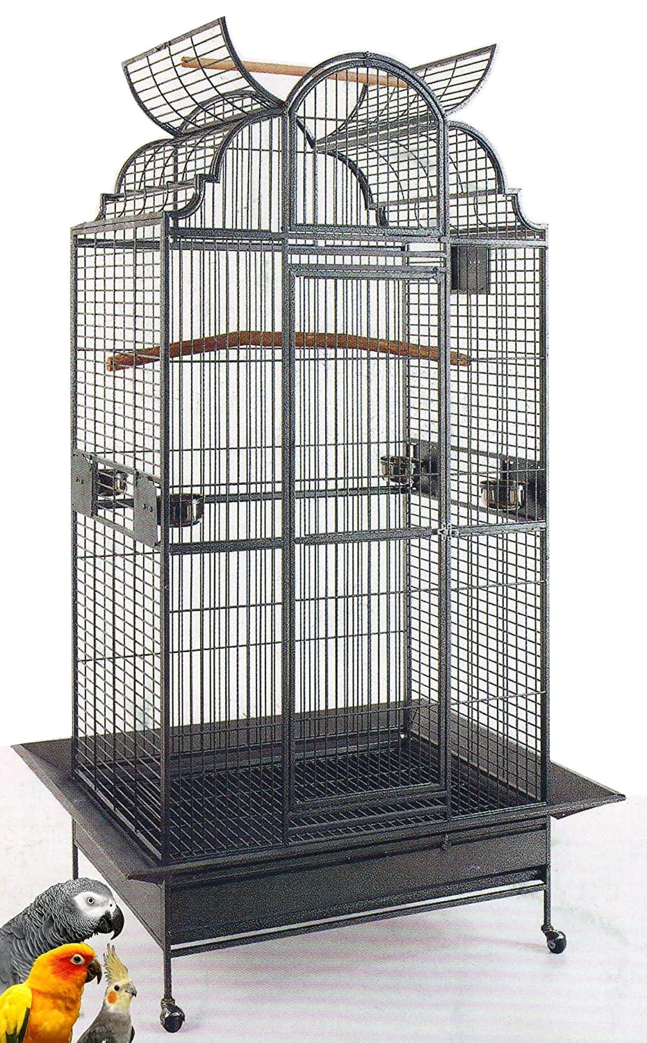 Large Elegant Wrought Iron Open/Close Dome Perch Play Top Stand Bird Parrot Rolling Cage, Include Metal Seed Guard Solid Metal Feeder Breeding Doors
