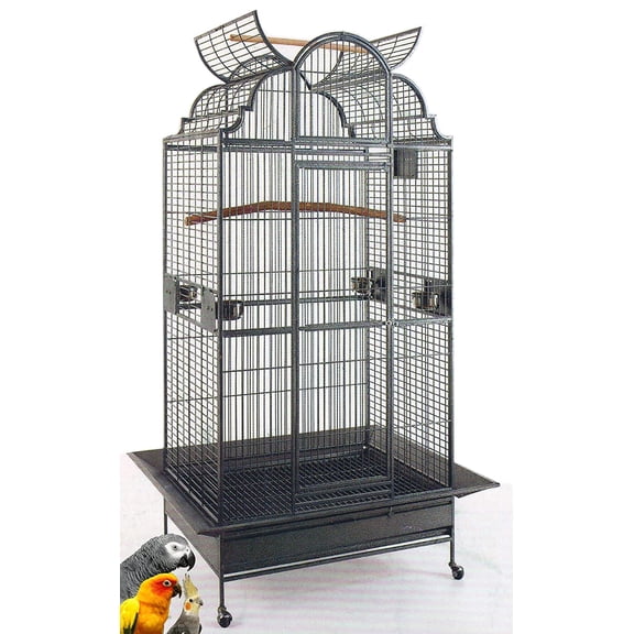 Large Elegant Wrought Iron Open/Close Dome Perch Play Top Stand Bird Parrot Rolling Cage, Include Metal Seed Guard Solid Metal Feeder Breeding Doors
