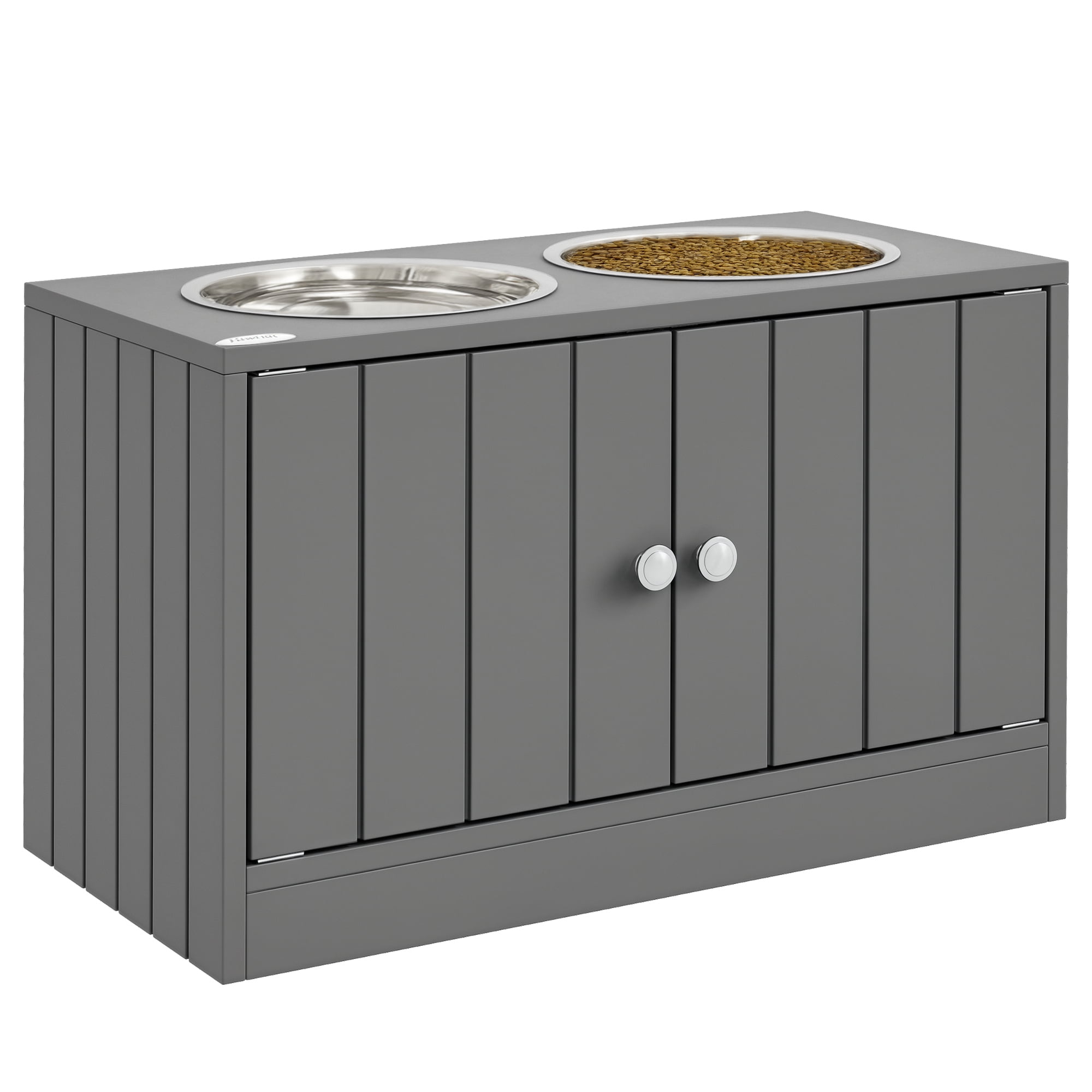 Large Elevated Dog Bowls Raised Feeding Station with 44L Storage Cabinet Stainless Steel Bowls Magnetic Closure Pet Food Stand Gray