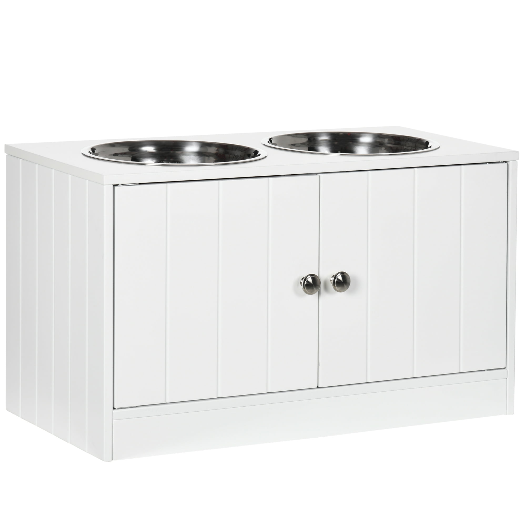 Large Elevated Dog Bowls with Storage Cabinet Containing Large 44L Capacity, Raised Dog Bowl Stand Pet Food Bowl Dog Feeding Station, White