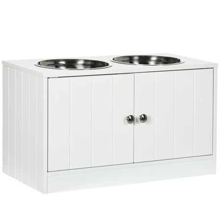 Large Elevated Dog Bowls with Storage Cabinet Containing Large 44L Capacity, Raised Dog Bowl Stand Pet Food Bowl Dog Feeding Station, White