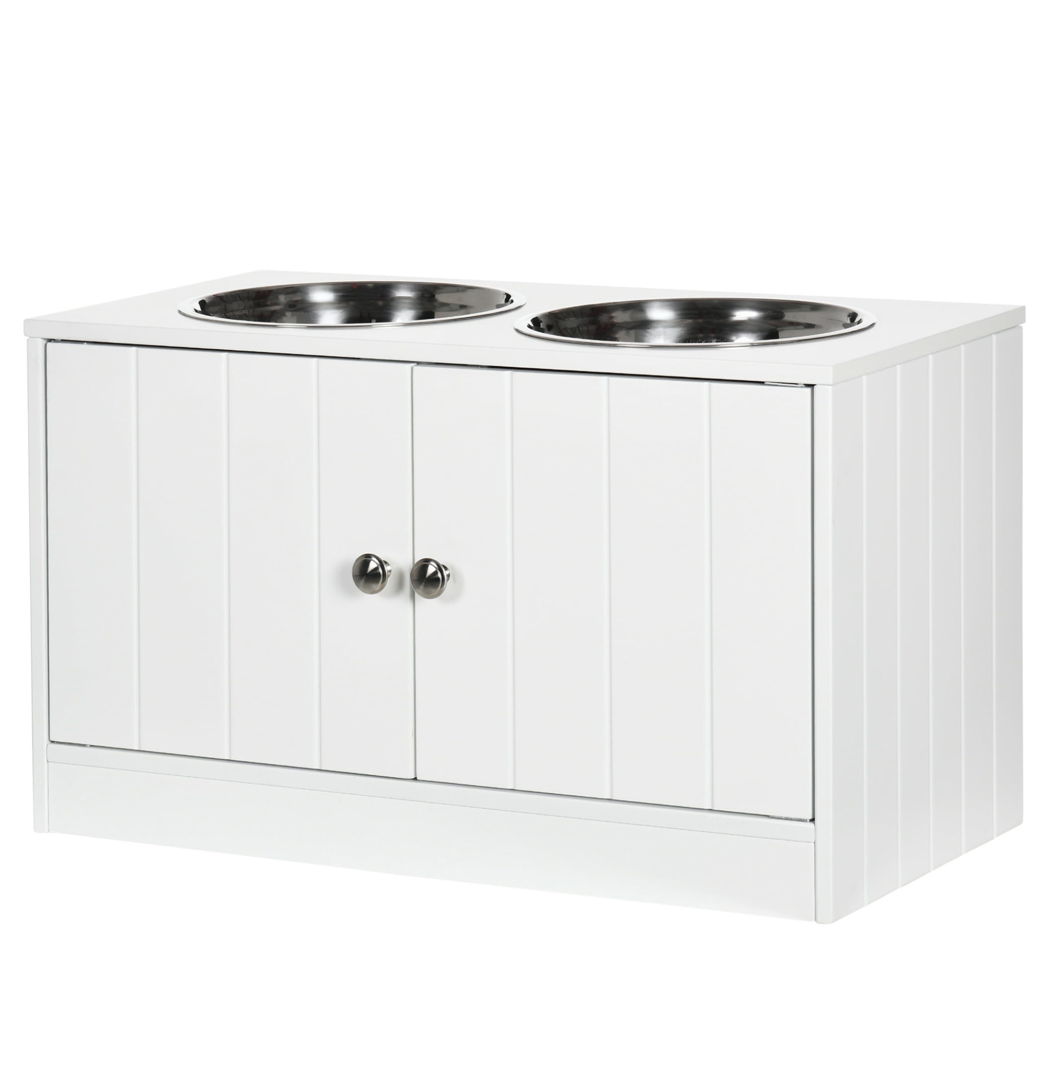 Large Elevated Dog Bowls with Storage, Raised Dog Feeder Stand, 44L Cabinet, Stainless Steel Bowls, White Pet Feeding Station