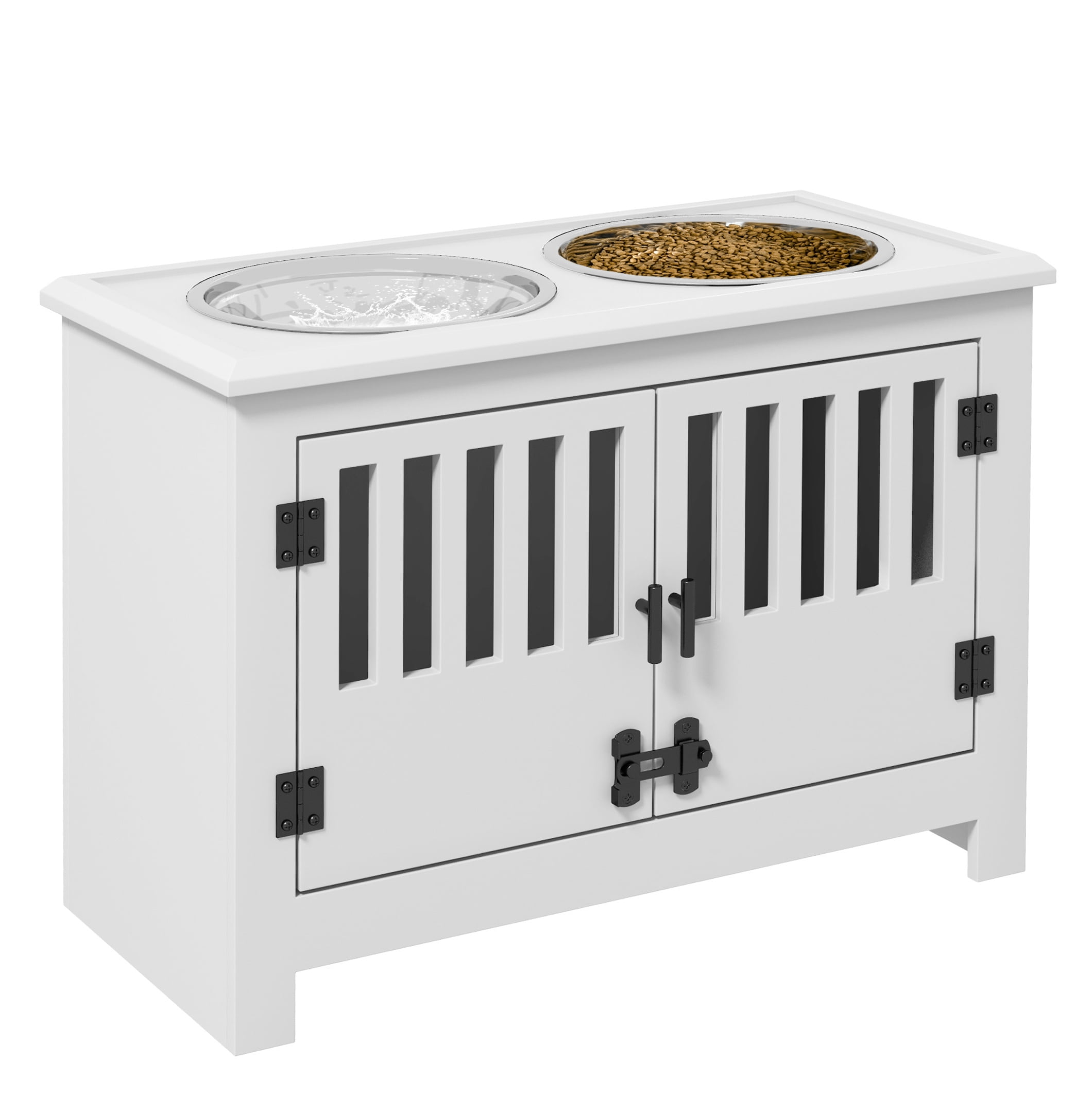 Large Elevated with Storage Cabinet Containing Large 37L Capacity, Raised Stand Pet Food Bowl Dog Feeding Station, White