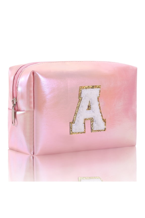 Large Embroidered Makeup Bag - Alphabet Monogram Travel Cosmetic Organizer, Toiletry Clutch with Zipper, Durable Storage