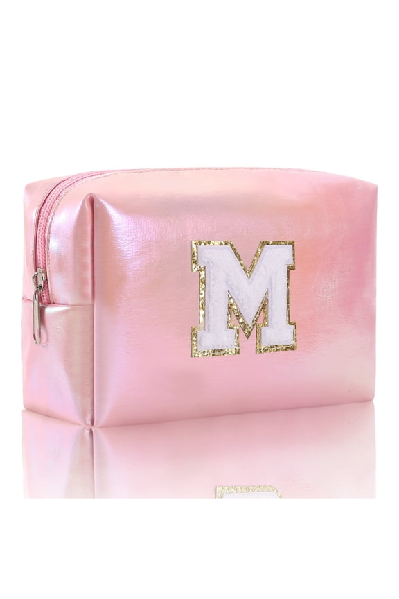 Large Embroidered Makeup Bag - Alphabet Monogram Travel Cosmetic Organizer, Toiletry Clutch with Zipper, Durable Storage