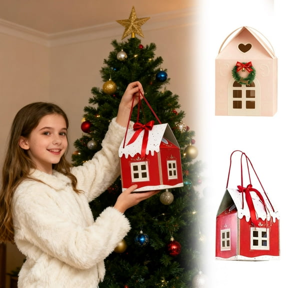 Large Enchanted Christmas Wonderland Cottage Gift Boxes House Shaped Christmas Boxes with Handle, Real Estate Agent Gift Bag Xmas Paper Candy Packaging Box