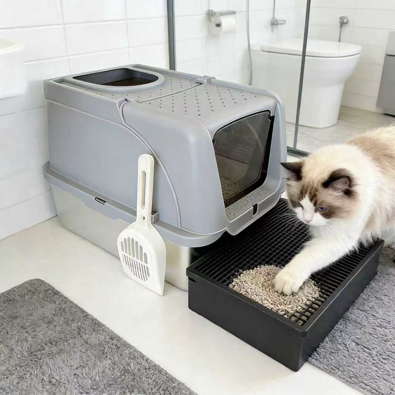 Large Enclosed Cat Litter Box with Integrated Tracking Mat, Dual Entry Hooded Cat Potty with Scoop, High Side Anti-Splashing Litter House for Odor Control, Gray
