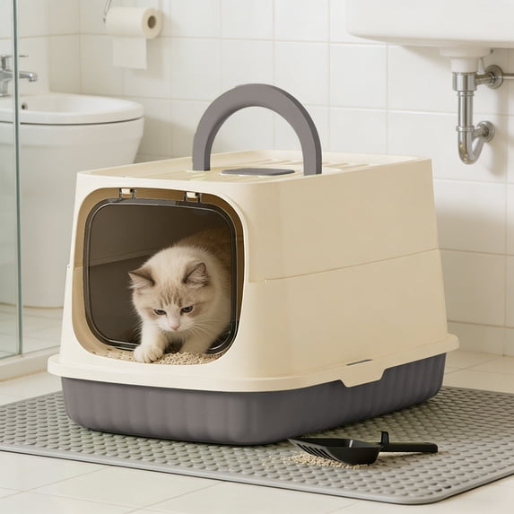 Large Enclosed Cat Litter Box with Lid, 48x32x27cm Splash-Proof Litter Pan, Odor Control & Anti-Skid Base, Includes Scoop (Gray)