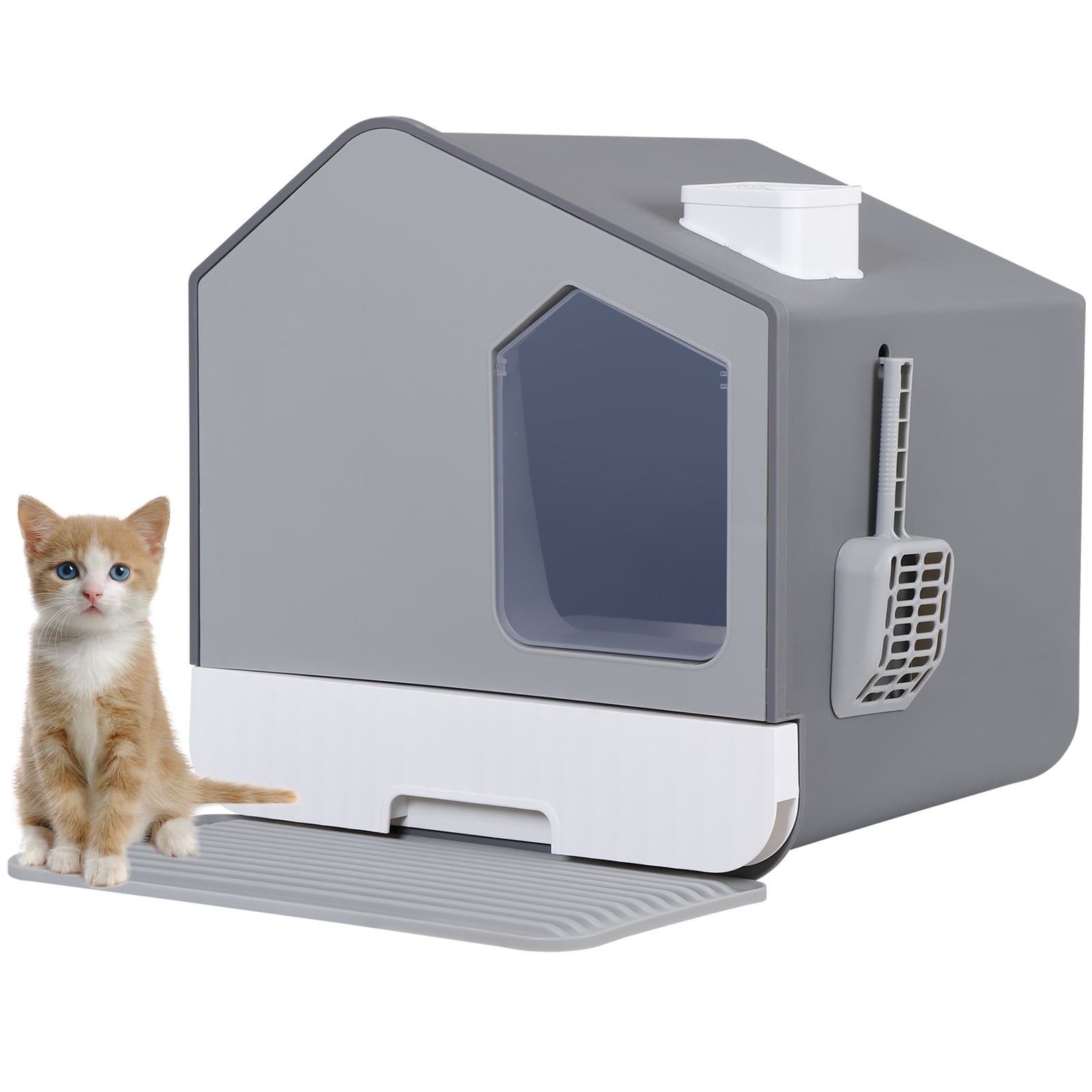 Large Enclosed Cat Litter Box with Mat and Litter Scoop Covered Cat Litter Pan, Odorless Toilet Anti-Splashing Kitty Pan, Gray